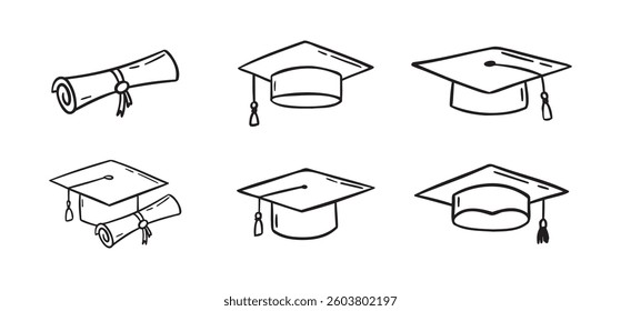 Graduation hat set. Hand drawn doodle Graduation hats sketch line. Education college student success diploma drawing. Vector illustration