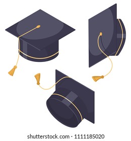 Graduation hat set. Vector flat cartoon cap icons in different positions isolated on white background.