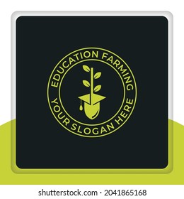 graduation hat with shovel and leaf logo design vector. symbol of farming education