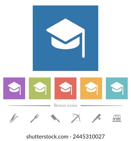 Graduation hat solid flat white icons in square backgrounds. 6 bonus icons included.