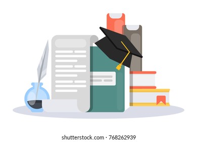 Graduation hat with stack of books and diploma on white background.
