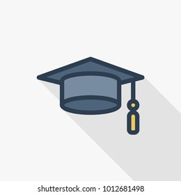 graduation hat thin line flat color icon. Linear vector illustration. Pictogram isolated on white background. Colorful long shadow design.