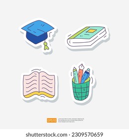 Graduation Hat or Toga, Book, Pen and Pencil, Office Organizer Box. School and Study Doodle Sticker Icon Set Vector Illustration