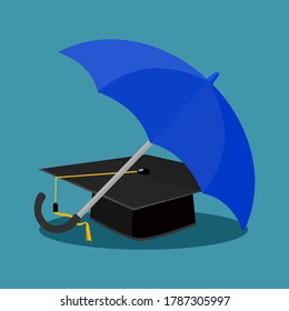 Sombrero de graduación bajo el paraguas. Proteger la educación. ilustración vectorial