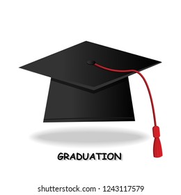 Graduation hat vector illustration with red tassel isolated on the background.