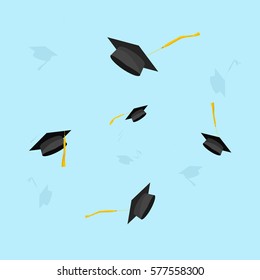 Graduation hats in the air vector illustration,  graduate caps trowing up in sky, flying academic hat,  flat cartoon style design isolated on blue background