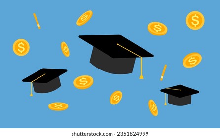 Graduation hats and dollar coins in air in flat design. Education fee, student loan or scholarship concept.