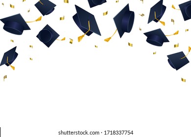 Graduation hats flying in air after celebration vector illustration. Caps thrown up cartoon design. Education and festive party concept. Copy space for text. Isolated on white background