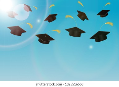 Graduation hats flying over blue sky and sun background. Graduate students throwing caps, ceremony congratulation, vector illustration
