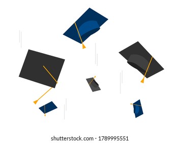 Graduation hats flying vector, academic caps throwing in the sky air flat cartoon illustration isolated in white background, concept of ending university college or school education
