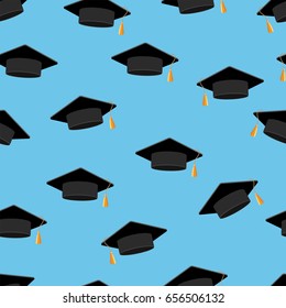Graduation hats. Seamless pattern. Blue background. Vector illustration.