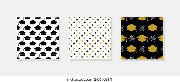 Graduation hats seamless pattern. Set of 3 grad ceremony backdrops. Vector template for fabric, textile, wallpaper, wrapping paper, etc