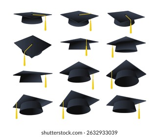 Graduation hats and toga caps vector set at university, high school, college, student class, degree ceremony or party