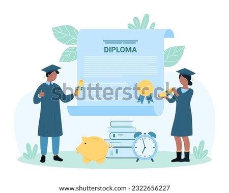 Graduation from higher institution or university vector illustration. Cartoon tiny graduates with academic gowns and caps celebrate success of end of study and education near big diploma concept