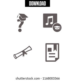 graduation icon. 4 graduation vector set. graduations questions, graduations music, rolled diploma and diploma with a ribbon icons for web and design about graduation theme