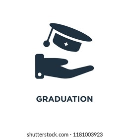 Graduation icon. Black filled vector illustration. Graduation symbol on white background. Can be used in web and mobile.
