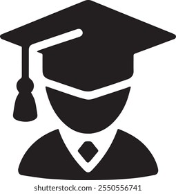 Icono de graduación, icono en blanco y negro que representa a un graduado. El icono presenta una figura estilizada que lleva una gorra de graduación (mortero) con una borla colgando del lado izquierdo