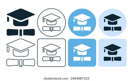 Graduation Icon Cap und Diplom Zertifikat Scroll Icon Academic Cap. Icon Strichlinie und Glyphe