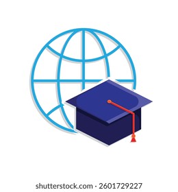 graduation icon. graduation cap toga vector with globe. explaining education, learning outcomes, bachelor. for events, celebrations, flyers. Mixed design style