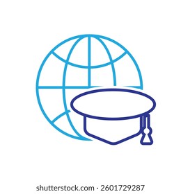 graduation icon. graduation cap toga vector with globe. explaining education, learning outcomes, bachelor. for events, celebrations, flyers. Line design style