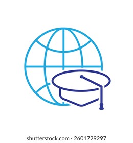 graduation icon. graduation cap toga vector with globe. explaining education, learning outcomes, bachelor. for events, celebrations, flyers. Line design style