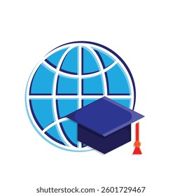 graduation icon. graduation cap toga vector with globe. explaining education, learning outcomes, bachelor. for events, celebrations, flyers. 3d color simple design style