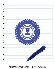 graduation icon emblem with pen effect. Blue ink. Vector Illustration. Detailed.