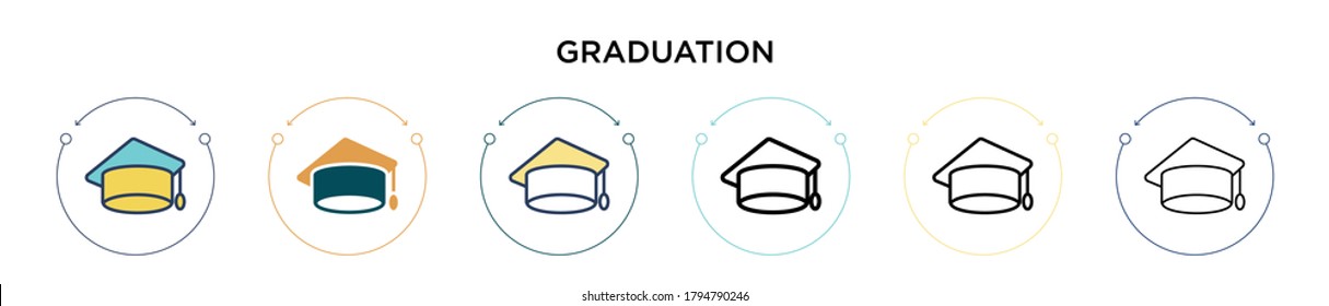 Graduation icon in filled, thin line, outline and stroke style. Vector illustration of two colored and black graduation vector icons designs can be used for mobile, ui, web