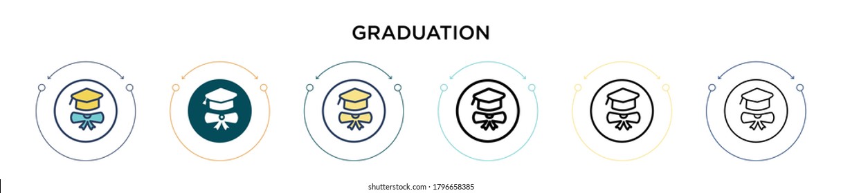 Graduation icon in filled, thin line, outline and stroke style. Vector illustration of two colored and black graduation vector icons designs can be used for mobile, ui, web