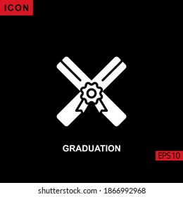 Graduation icon glyph, flat or filled white on black background. Illustration for graphic, print media interfaces and web design.