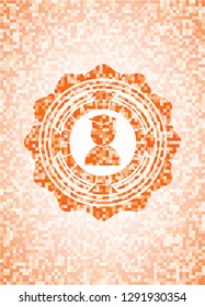 graduation icon inside abstract emblem, orange mosaic background
