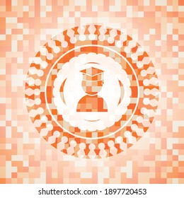 graduation icon inside abstract emblem, orange mosaic background. 