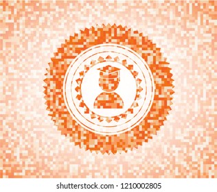 graduation icon inside abstract orange mosaic emblem