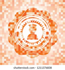 graduation icon inside abstract orange mosaic emblem with background