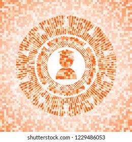 graduation icon inside abstract orange mosaic emblem with background