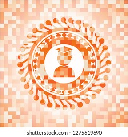 graduation icon inside abstract orange mosaic emblem