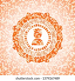 graduation icon inside abstract orange mosaic emblem with background