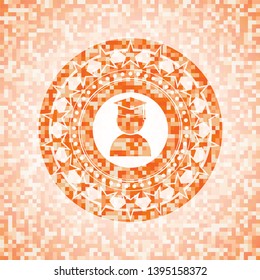 graduation icon inside abstract orange mosaic emblem with background