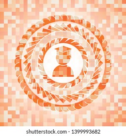 graduation icon inside abstract orange mosaic emblem
