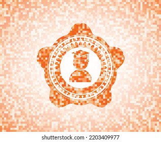 graduation icon inside abstract orange mosaic emblem with background. 