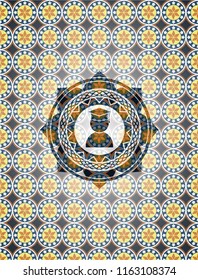 graduation icon inside arabic badge background. Arabesque decoration.