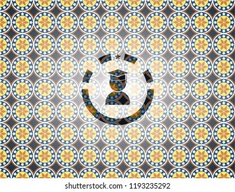 graduation icon inside arabic badge. Arabesque decoration.