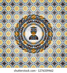 graduation icon inside arabic badge background. Arabesque decoration.