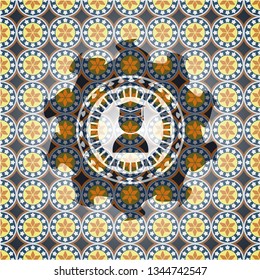graduation icon inside arabic badge. Arabesque decoration.