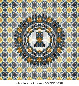 graduation icon inside arabic badge. Arabesque decoration.