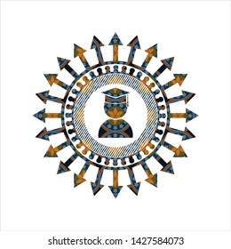 graduation icon inside arabic badge. Arabesque decoration.