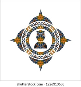 graduation icon inside arabic emblem. Arabesque decoration.