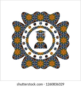 graduation icon inside arabic emblem background. Arabesque decoration.