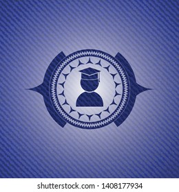 graduation icon inside badge with denim texture