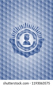 graduation icon inside blue badge with geometric background.